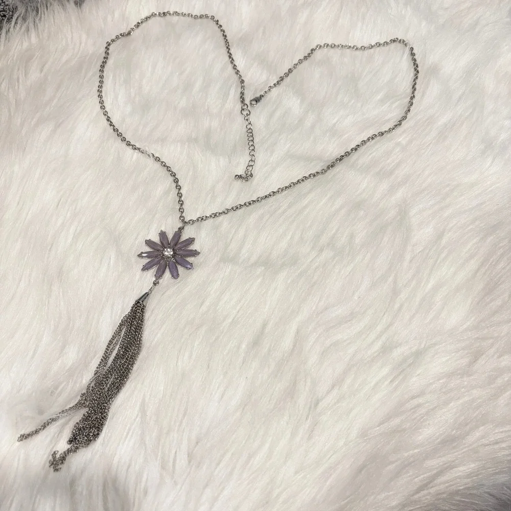 Whimsical Flower Tassel Necklace Boho Silver Tone Purple Rhinestone Hippie 20676